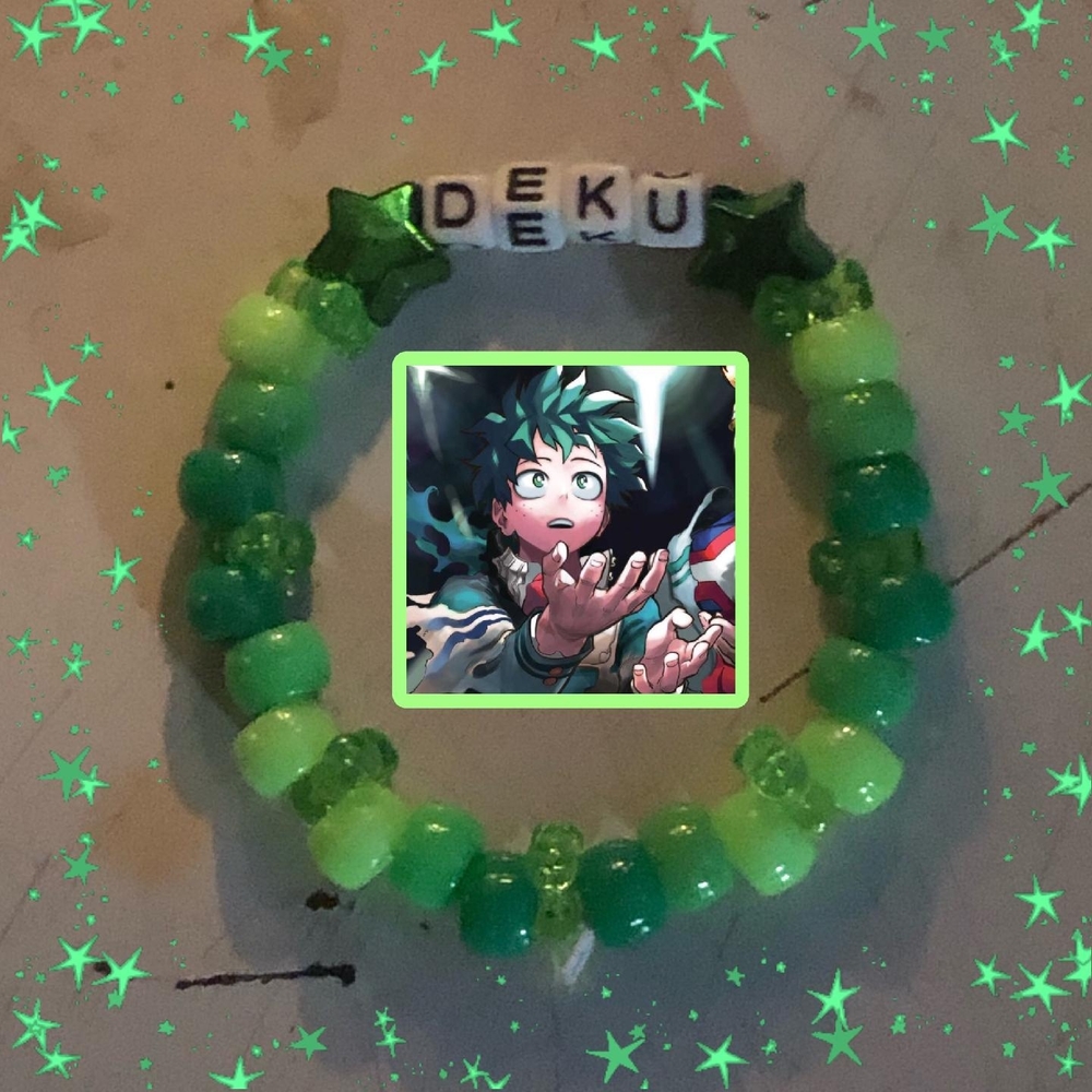 Green Beaded Bracelet with Deku Charm